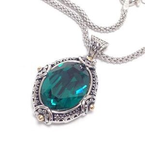 Emerald green crystal oval pendant necklace with sterling silver and 14 gold pla